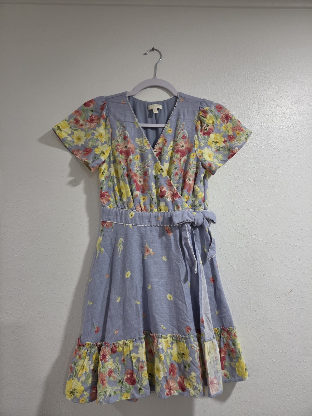 Chelsea & Violet Light Blue Floral Wrap Dress with Yellow & Pink Accents